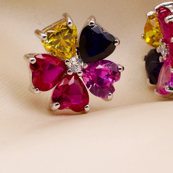 925 Silver Geometric Multi-Color Earrings | 6.61 CT Lab Sapphire+0.13 CT Diamond - Picture 4 of 11